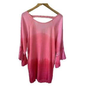 Bali Designs Ombre Quarter Bell Sleeve Lace Trim Kaftan Cover Up Dress S